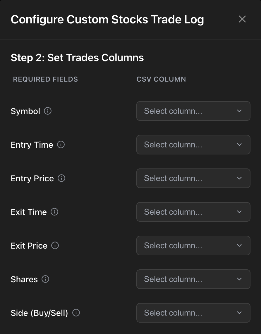 Step 2 dialog showing required columns for round-trip trades