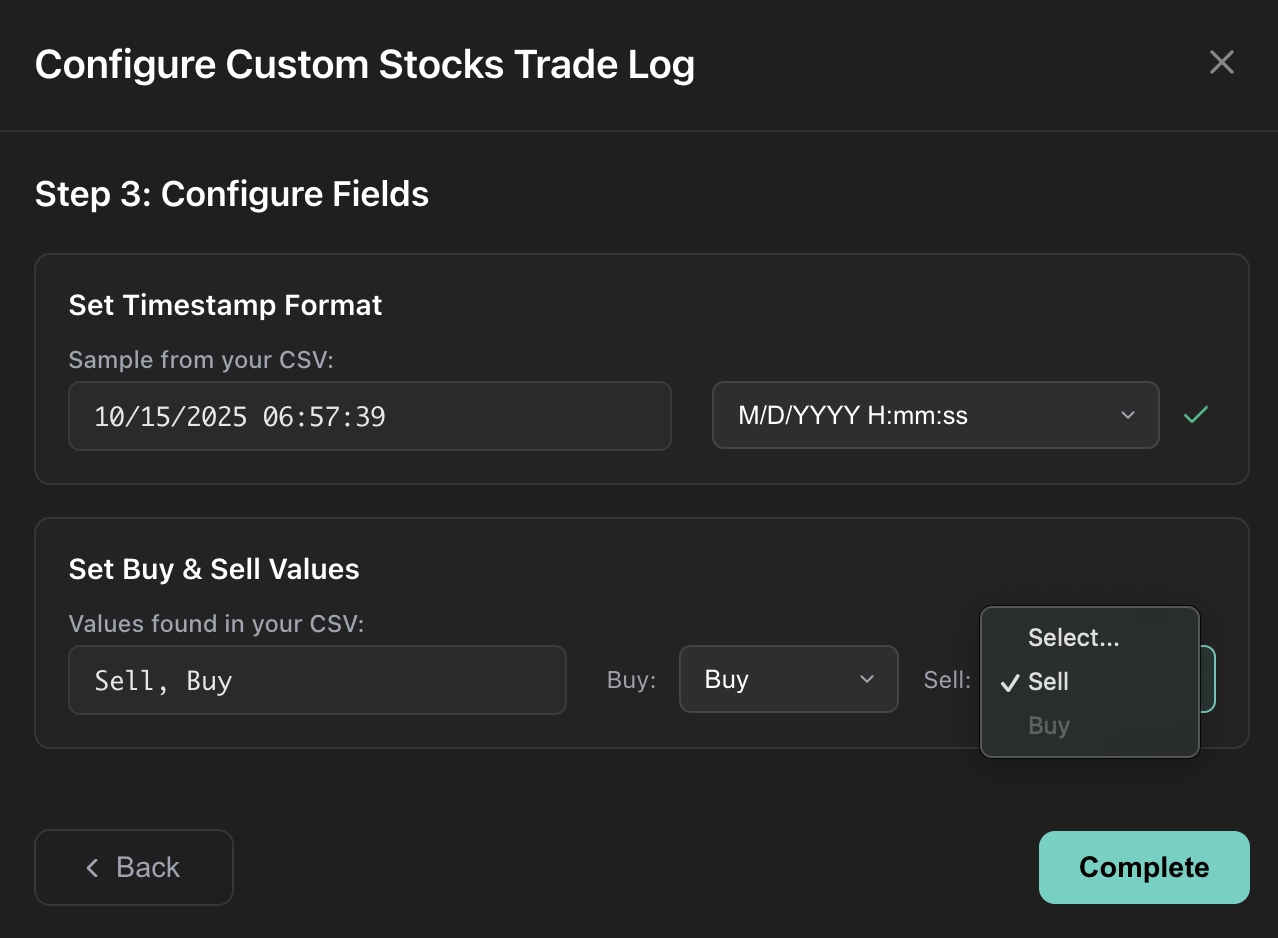 Step 3 dialog for choosing timestamp format and buy/sell values